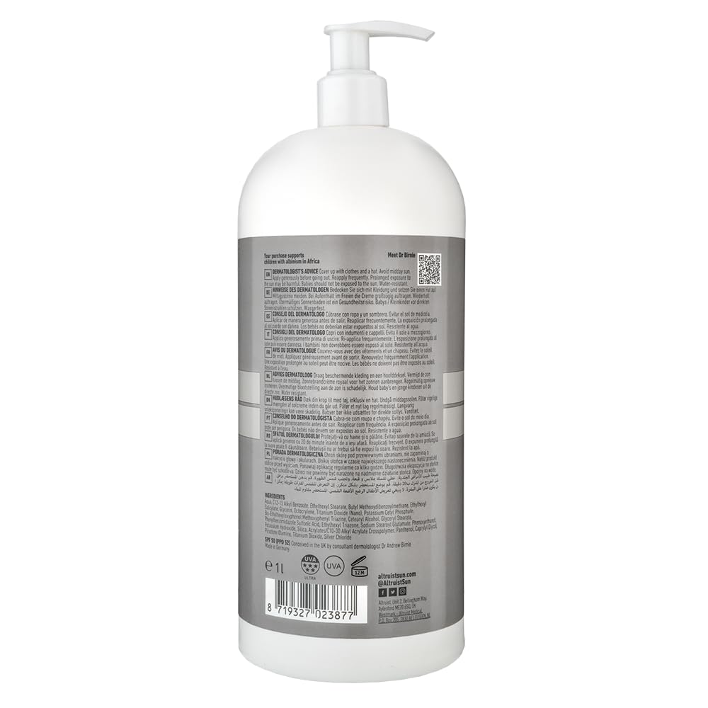 Altruist Dermatologist Sonnenschutz LSF 50, 5-Sterne Ultra UVA PPD 39, vegan, parfümfrei, wasserfest, für empfindliche Haut, 1-Liter-Flasche