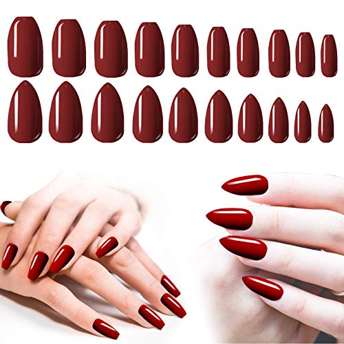 Short Burgundy Acrylic Nails, 200PCS Cosics Glossy Press On Nails Ballerina Coffin Shape & Stiletto Almond False Gel Nail Tips Set, 10 Sizes Full Coverage Artificial Fake Nails for Nail Art, Salon