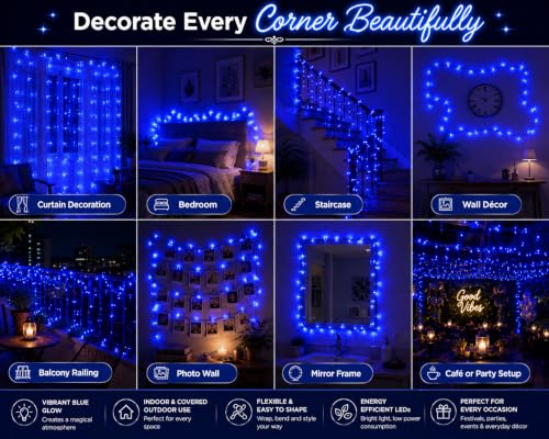 Image of Quace 72 Feet Blue LED Fairy String Lights with 52 LEDs | Flexible Wire Waterproof Decorative Lights for Diwali, Christmas, Wedding, Bedroom, Balcony, Party & Home Decor (1 Pack)