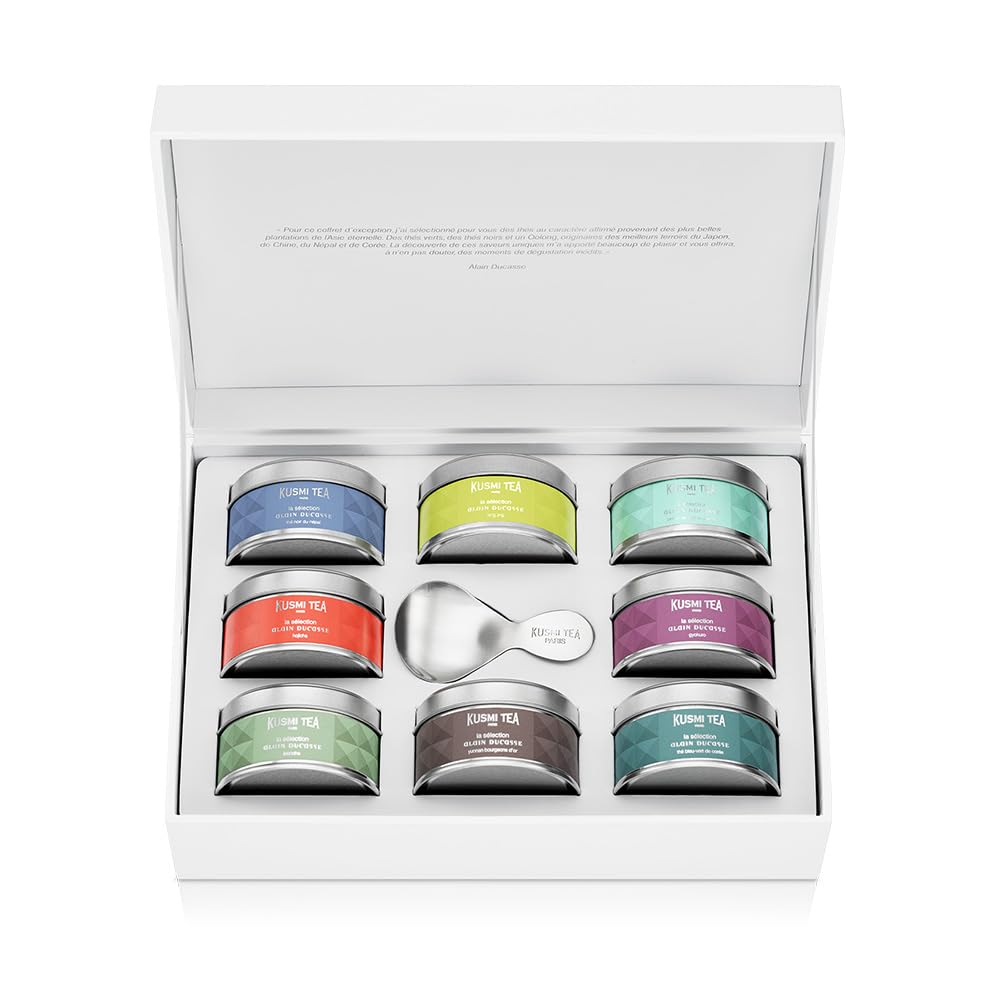 Kusmi Tea - Colección Alain Ducasse - 8 miniaturas de té natural de Asia + cucharilla de té - Surtido de tés orgánicos - Té verde y té negro - Idea de regalo para hombre y mujer - 8 cajas de 25 g