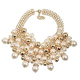 BigDO Jewelry Elegant Gold Tone Cream Faux Pearl Crystal Collar Chunky Bib Necklace L17+3"