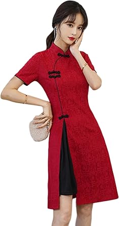 ZHONGJUE Womens China Dress, Half-Sleeve, Sexy, Tight, Chinese Style, Trendy, Mini Dress, One-Piece, Slit, A-Line, Cute, Fashionable, Elegant, Slimming, Feminine, Spring Summer