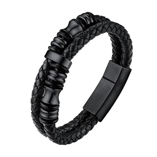 U7 Mens Leather Bracelet with Stainless Steel Clasp, Leather Cuff Bracelet in Skull or Wrap Style Black Bracelets for Husband d.Bead-Black 7.5 Inch