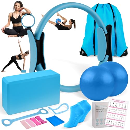 VODFOG Pilates Ring Essentials Kit for Women,Home Fitness Equipment Sets with 12''Pilates Ring,2 Pilates Ball,Yoga Brick,Elastic Band & Other Accessories Suitable for Exercise & Shape up-Blue 13PCS