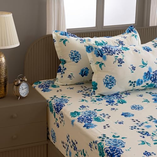 Image of Swayam Pure Cotton Double Bedsheet with 2 Pillow Covers | Size 90 x 100 inch | 160 TC | Floral Design | Soft Breathable Bed Sheet | Comfortable & Durable for Bedroom - Cream & Blue