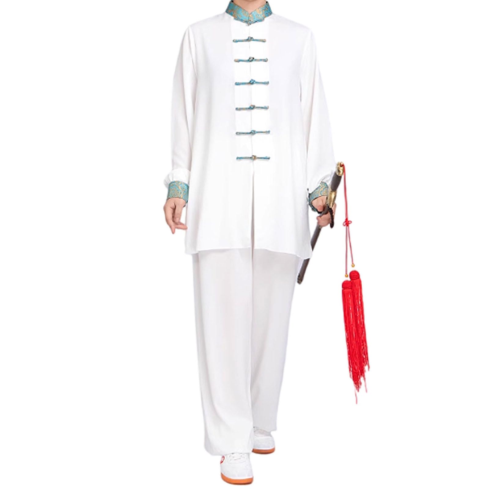 Womens Tai Chi Clothes,Tang Suit Kung Fu Shirt Suit,Men Wing Chun Clothes,Hanfu Martial Arts Clothing,Long Sleeve,Loose,Stand Collar,Breathable,for Training Competitions