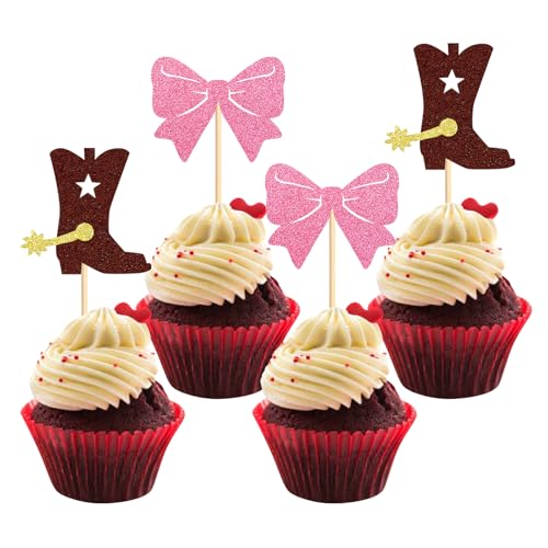 24Pcs Brown Boots or Pink Bows Cupcake Toppers Boy or Girl Cupcake Picks for Cowboy Cowgirl Gender Reveal Baby Shower Newborn Baby Birthday Party Cupcake Decorations