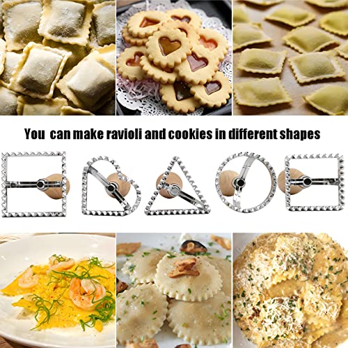 FOXWELKING Ravioli Stamp Set,Pasta Maker Mold,Ravioli Maker Cutter Stamp, 5 Ravioli Stamp Maker Mold with Wooden Handle and Fluted Edge Pasta Press Kitchen Attachment - Thumbnail 4