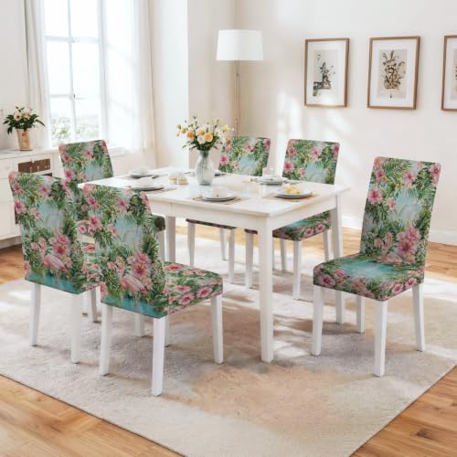 Image of Pink Flamingo Dining Chair Covers Set of 4, Tropical Slipcovers