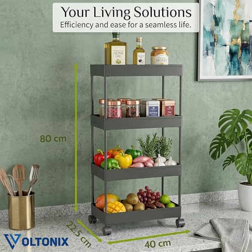 Image of Kitchen Storage Trolley, Plastic Rack with Wheels, Lightweight, Rust-Proof, Space-Saving, for Vegetables, Fruits and Daily Essentials (Black, 4-leyer)