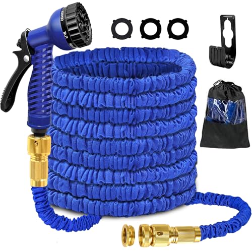Flexible Expandable Garden Hose 15m 50ft with 7 Function Spray Nozzle, 3X Durable Expanding Water Hose with 3/4 1/2 Anti-Leak Brass Connectors for Gardening, Lawn, Car Washing & Patio Use