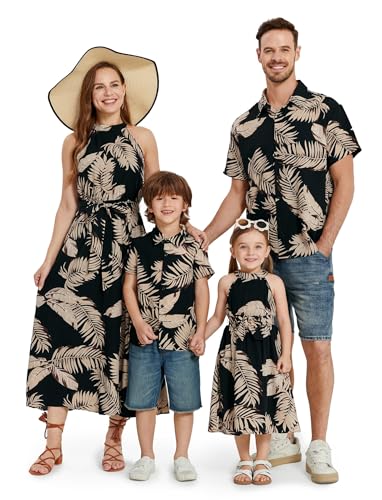 PATPAT Conjunto tropical familiar - Vestido com alças para mãe e filha e camisa botões pai e filho, Outfit praias, festas ou férias, roupa de verão para bebés, meninas, meninos, homens e mulheres