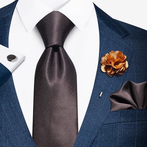 Image of Solid Color Ties Set Men Handkerchief Cufflinks Brooch 3.15 inches Classic Formal Necktie Pocket Square Set