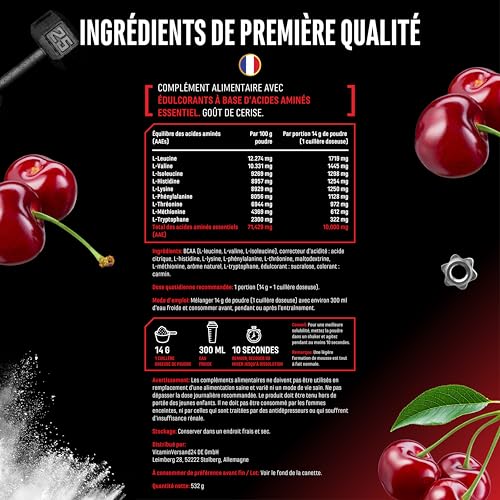 Poudre d'EAA 532 g - Les 9 acides aminés essentiels, y compris l'histidine et les BCAA - Formule Human Code - Boisson d'entraînement aminé - Super solubilité - Vegan (Cerise) – Image 7