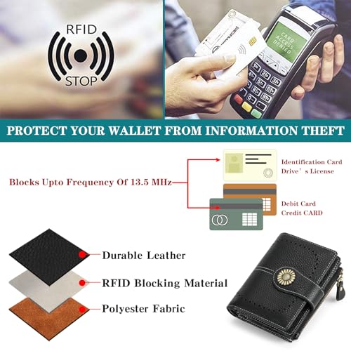 Image of SENDEFN Small Womens Wallet Leather Bifold Card Holder RFID Blocking with Zipper Coin Pocket