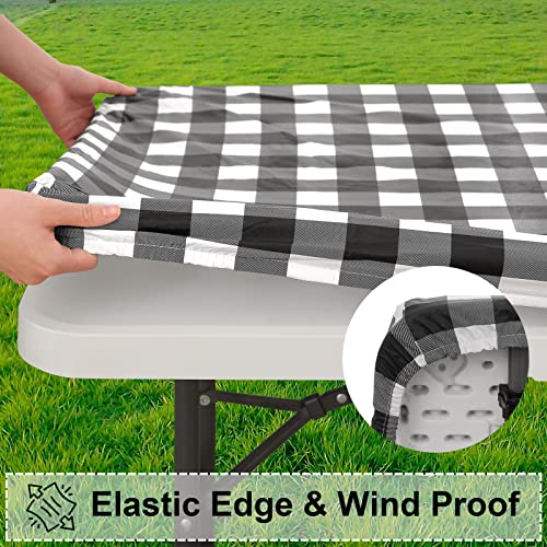 Misaya Rectangle Vinyl Tablecloth, Fitted Table Cover, 100% Waterproof, Elastic Edge, Flannel Backing, Table Cloth Fit 6 Foot Folding Tables For Picnic, Camping, Outdoor (Black & White, 30X72 Inch) #TOP1