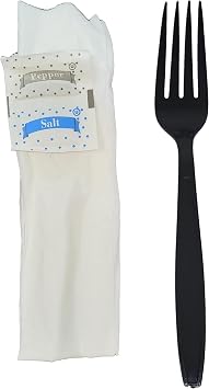 [500 Kits] Disposable Black Plastic Fork with Napkin and Salt/Pepper Packet, Individually Wrapped, To-go Fork