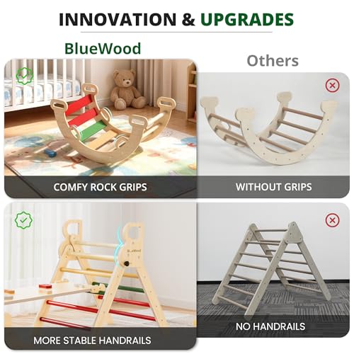 Image of BlueWood Pikler Triangle Set, Toddler Wooden Climbing Toys Indoor 7in1 Foldable Climber for Kids, Montessori Philosophy Play Jungle Gym with Arch, Ramp, Ladder (Warm Winter Christmas)