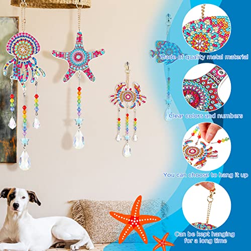 Queekay 4 Pcs Diamond Painting Suncatcher Wind Chime Sea Animal Double Sided Crystal Rhinestone Big Gem Painting Suncatcher Hanging Ornament For Adults Kids Home Window Decor (Ocean Style) #TOP2