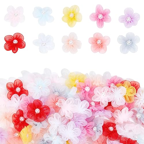 GORGECRAFT 100PCS 10 Colors Small Craft Flowers Embellish Ribbon Flowers Beaded Organza Flowers Chiffon 5-Petal Flower Ornament Accessories Sewing Applique with Plastic Imitation Pearl for Women