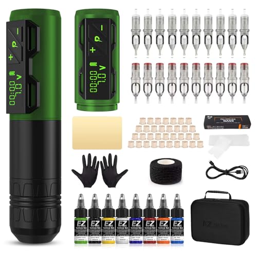 EZ Kit de Tatuaje - Kit de Máquina de Tatuar con Máquina de Tatuar Inalámbrica, Batería de Alimentación de 1800mAh, 20piezas Agujas para Cartuchos de Tatuaje para Tatuadores (P2S Verde)