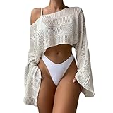 Beamuse Bathing Suit Crochet Cover Ups for Women, Women's Off The Shoulder Hollow Out Crop Top Long Sleeve Swimwear Knit Beach Bikini