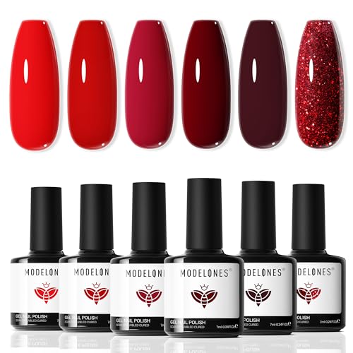 modelones Gel Nail Polish Kit -6 Colors Red Gel Polish Set Burgundy Glitter Sparkle Bloody Soak Off Gel Nail Kit Manicure DIY Nail Art Salon Home Gift