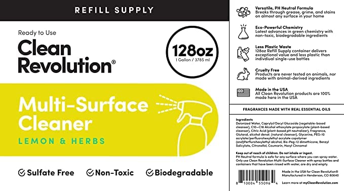 Image of Clean Revolution Multi-Surface Cleaner Refill Supply | Non-Toxic, Eco-Friendly & Plant-Based | Ready To Use | Lemon & Herbs | 128 Fl Oz, 4 Pack, 512 Total Fl Oz