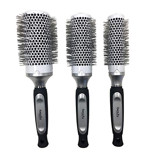 iBeauty 3pc Ceramic Ionic Tourmaline Round Styling Curling Hair Brush Set for Women Blow Drying White Color (1881, 1882, 1883)