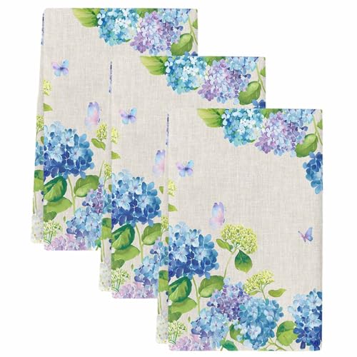 Qiaullityot Blue Hydrangea Kitchen Towels Set of 3, Microfiber Dish