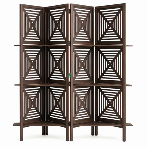 Image of Wooden Room Divider 6 Feet, 4-Panel Folding Wooden Partition for Living Room, Office, Pooja Room, Restaurant, Kitchen & Balcony (2W x 1.82H Meters). (Coffee-Shelves)