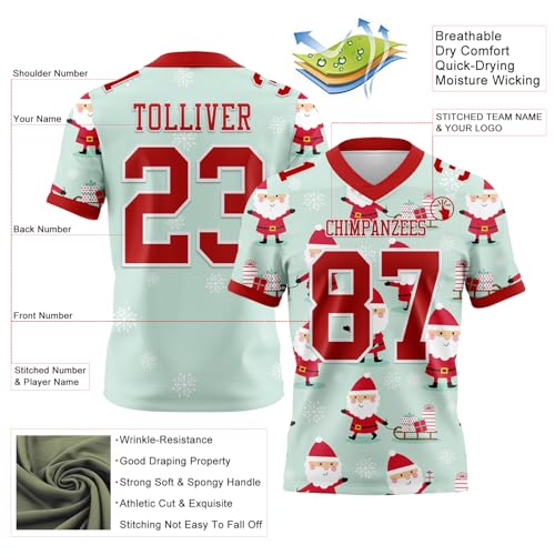 Custom American Football Style Training Uniform for Mens Womens Youth, Personalized Practice Sportswear with Christmas Theme, Print & Stitch Red Name Number Logos Sports Fan Soccer Team Jerseys