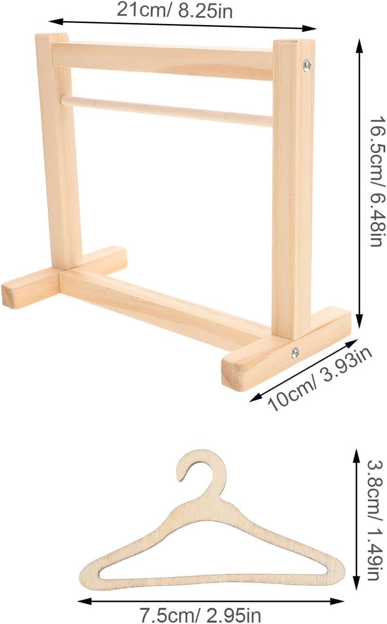 Wooden Mini Doll Garment Rack with 12 Miniature Hangers for Dolls Clothes Storage Small Dollhouse Furniture Accessory and Organizing Mini Closet