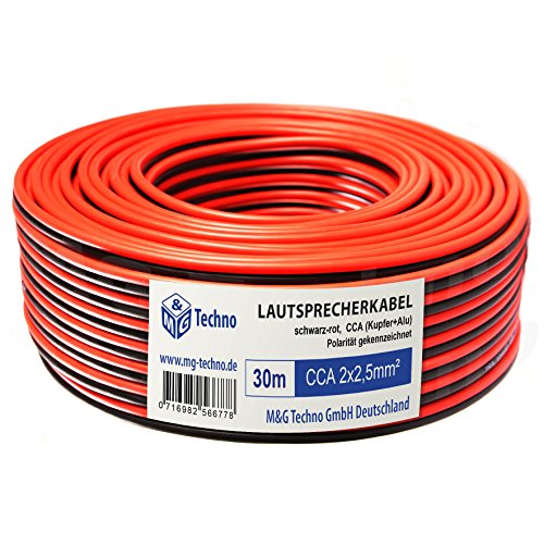 M&G Techno 30m Lautsprecherkabel (Single-Wire) 2 x 2,5mm² CCA (Kupfer+Alu) rund Schwarz-Rot, mit Metermarkierung