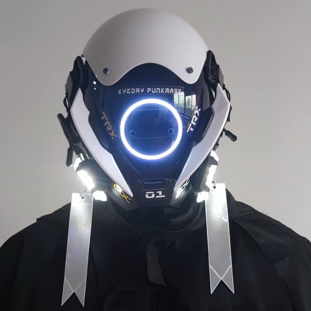 Punk Mask Cosplay for Men, White LED Round Light Mask Cosplay Halloween Fit Party Music Festival Accessories
