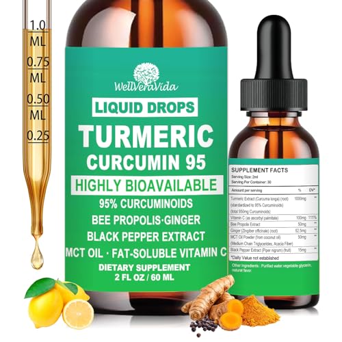 Turmeric Curcumin Supplement Drops with 95% Curcuminoids, Enhanced Absorption Liquid Turmeric Complex 1000mg w/Bee Propolis Ginger MCT Oil Vitamin C & Black Pepper for Joint & Immune Support | Non GMO