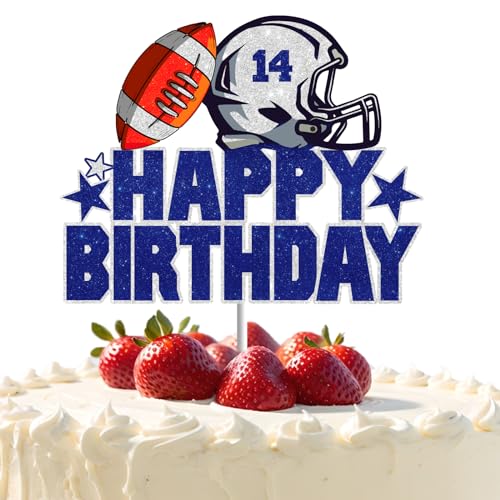 Football Cake Topper for Boys Men Birthday Sport Rugby Helmets Cake Decoration Blue Glitter American Football Themed Party Decorations Supplies