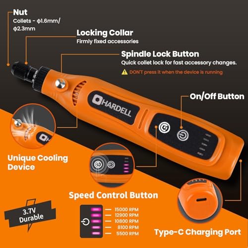 HARDELL Mini Cordless Rotary Tool 4V, 5-Speed Rotary Tool Kit with 42 Accessories, Rechargeable Power Rotary Tool for Engraving, Sanding, Polishing, Drilling, Grinding, Small DIY Crafts
