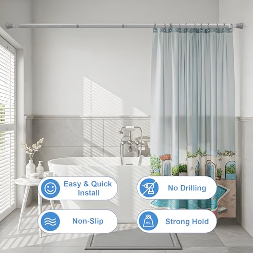Image of Shower Curtain Rod 45-77 Inch Silver Shower Rod Tension Rod Adjustable Curtain Rod No Drilling Tension Curtain Rod Shower Rods for Bathroom Tension Shower Curtain Rod