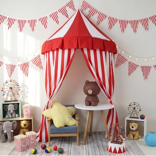 Preboun 4 Pcs 6 x 3 ft Carnival Circus Tent Decor Backdrop Red and White Indoor Reading Nook Hanging Party Decoration Canopy for Home Outdoor Circus Festive Birthday Candy Theme Party Photography