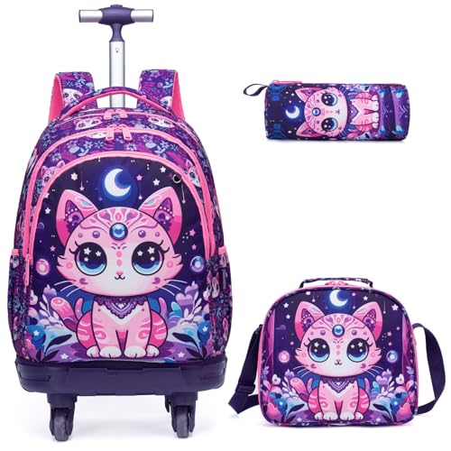 Egchescebo Kids Rolling Backpack for Girls Cats Suitcases Trolley Roller Luggage Backpacks with 360° Rotating Wheels 15