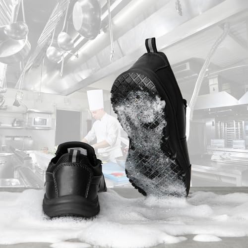 Image of NAVEKULL Men's Non Slip Food Service Shoes Water Resistant Kitchen Restaurant Chef Slip Resistant Work Shoes Black Leather