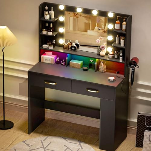 Image of LUCKRACER Vanity Desk with LED Lights Mirror & Charging Station, Black Makeup Vanity with Storage Drawers and Shelves, Modern Dressing Table for Women Girls Bedroom, Black