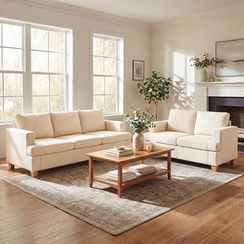 YOUDENOVA Sofa, 2 Piece Set Comfy Couch, 3 Seater & Loveseat Sofa with Deep Seats, Modern Sleeper Couch for Living Room, Beige Chenille