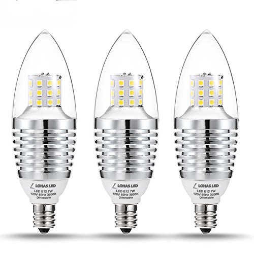 3 Pack LOHAS Dimmable LED Candelabra Bulb, 7 Watt Soft White 3000K, 65-70 Watt Light Bulbs Equivalent, E12 Candelabra Base,120V 680 Lumens, Torpedo LED Bulbs for Home Light