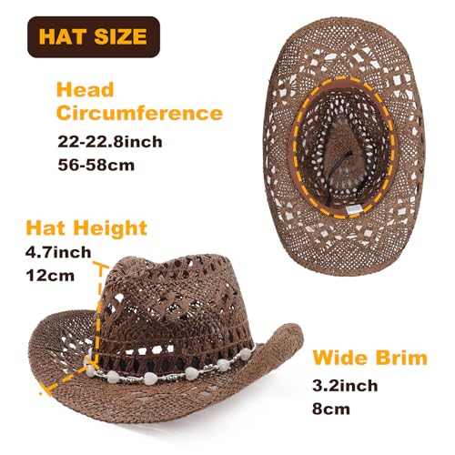 Image of DRESHOW Straw Cowboy Cowgirl Hat for Women Men Western Coastal Cowboy Beach Hat with Shapeable Brim Unisex Rolled up Caps