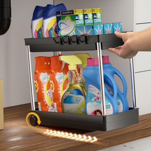 Cicilyna Under Sink Storage Kitchen Organizer, Stainless Under Sink Organizer Shelf with Hooks, 2 Tier Multi-Purpose Under Cabinet Storage Organizer Rack for Kitchen, Bathroom & Countertop, Sliver