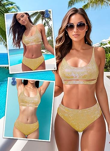 Conjunto de biquíni feminino com glitter, decote canoa e decote em U e recorte na parte inferior da