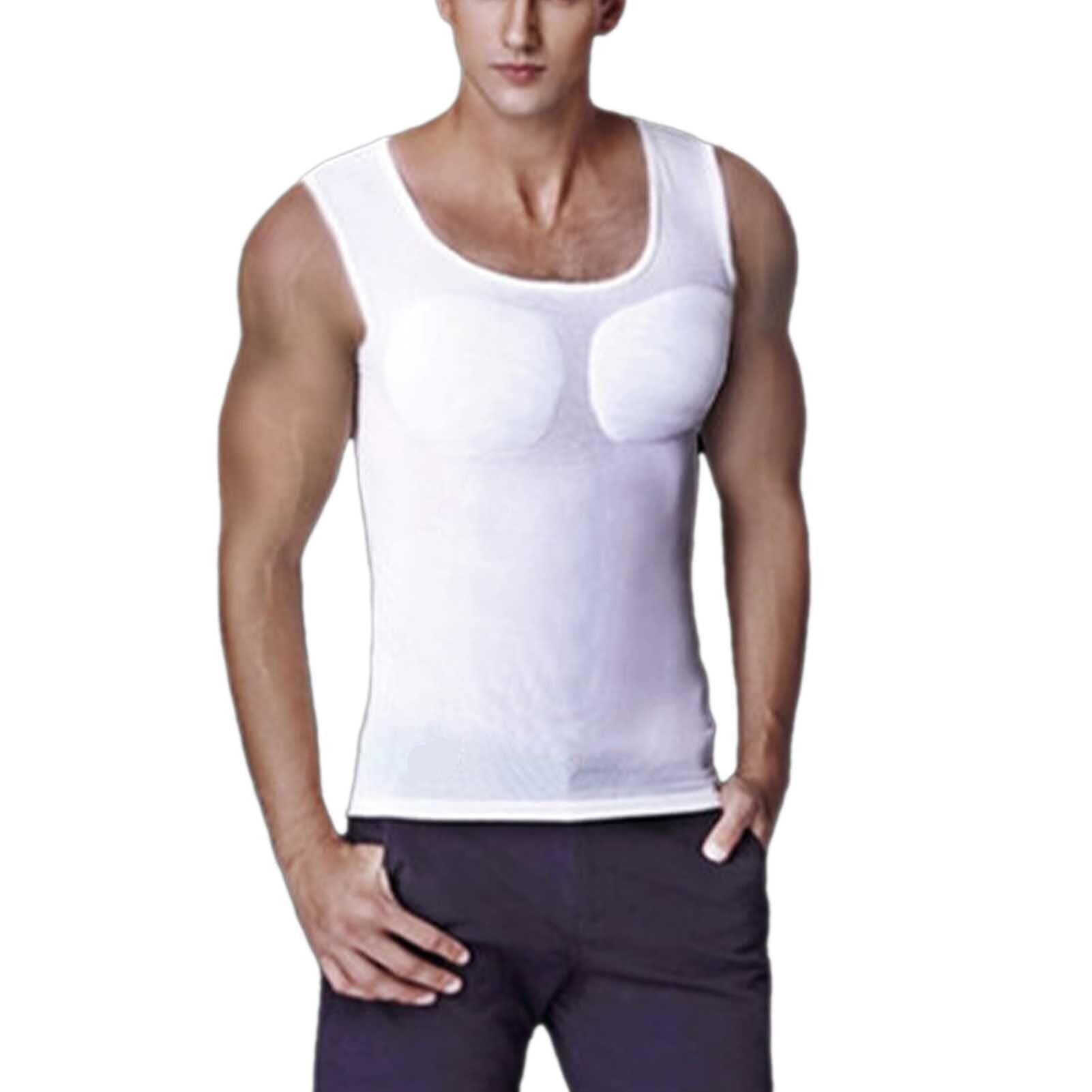 Men's Shaper False Muscle Chest Vest T-Shirt,Breathable Comfort Padded Muscle Undershirt(White1,XL)
