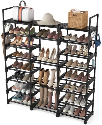 VTRIN Shoe Rack Shoe Organizer 8 Tiers Shoe Rack for Entryway Holds 46-50 Pairs Shoe and Boots Shelf Organizer Storage Organizer Durable Metal with Versatile Hooks Wooden Hammer for Bedroom Black